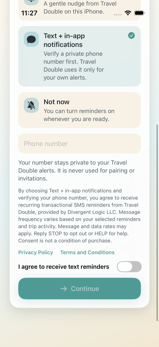 Travel Double SMS disclosure screen showing the privacy statement, required consent language, legal links, agreement switch off, and disabled Continue button.