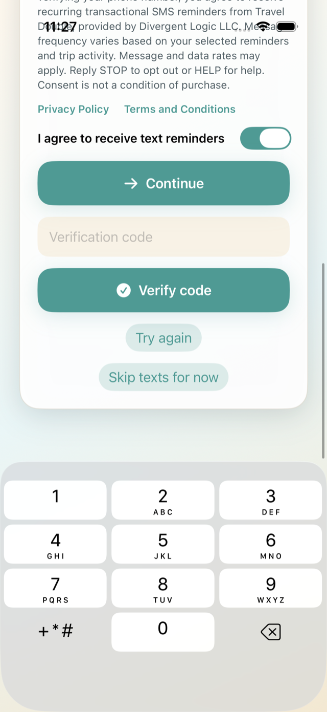 Travel Double verification screen showing the agreement enabled, a verification-code field, Verify code, Try again, and Skip texts for now controls.